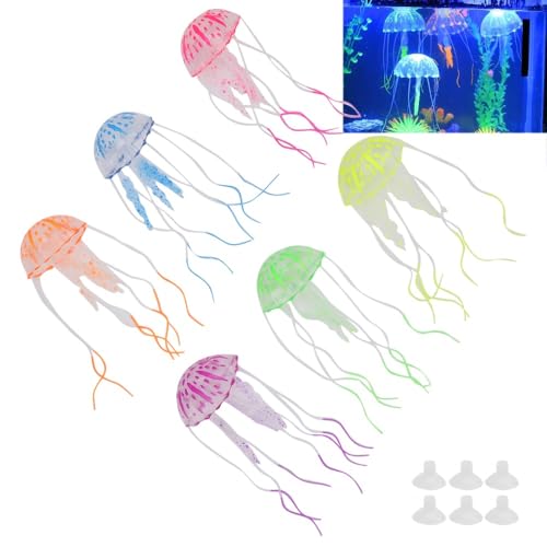 6 Pack Silicone Jellyfishes Lifelike Aquarium Decor with Transparent Suction Cups Water Flow Movement for Fish Tank Ornament
