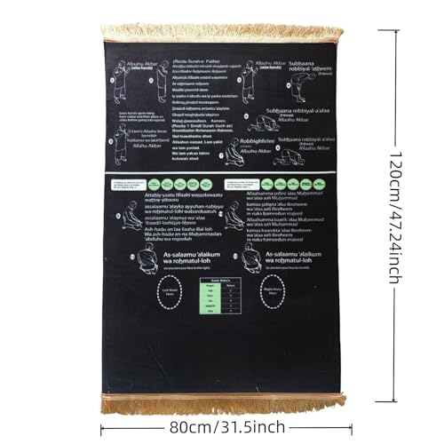 Read in English and say it in Arabic Guided Prayer Mat, Prayer Mat with Instructions, Non-Slip Bilingual Guided Prayer Mats for New Muslims, Salah and Meditation (Black, 120x80cm)