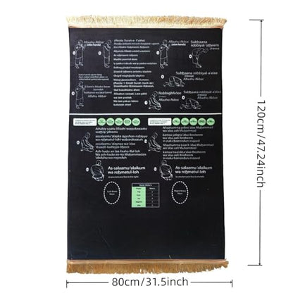 Read in English and say it in Arabic Guided Prayer Mat, Prayer Mat with Instructions, Non-Slip Bilingual Guided Prayer Mats for New Muslims, Salah and Meditation (Black, 120x80cm)