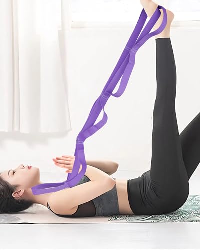 10 Loop Yoga Stretching Strap for Physical Therapy - Non-Elastic Exercise Band for Pilates, Yoga, Stretching for Women & Men - color: Purple