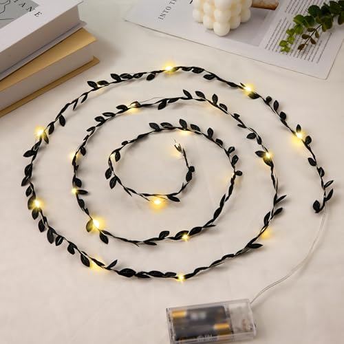 Leaves String Lights Black 6.56ft 20 LED Tiny Artificial Ivy Leaf Vine with Fairy Lights Battery Operated for Room Decor Bedroom Wedding Holiday Party Table Decor, 2PCS - color: Black