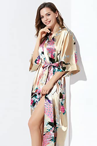 BABEYOND Women's Kimono Robe Long Satin Robes with Peacock and Blossoms Printed Kimono Nightgown - color: Champagne, size: One Size