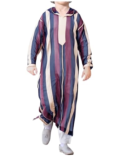 WSPLYSPJY Boys Muslim Thobe Striped Islamic Robe | Boys Muslim Thobe Striped Maxi Kaftans Kids Hooded Long Sleeve Arab Gown Islamic Robe - color: Multicolor, size: 13-14 Years