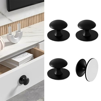 Adhesive Cabinet Knobs 4pcs Black Self-Stick Knobs Drill Free Dresser Drawer Pulls Stainless Steel Stick On Handles for Medicine Cabinets Drawer Cupboards Glass Sliding Door Terrarium Lid - color: Black