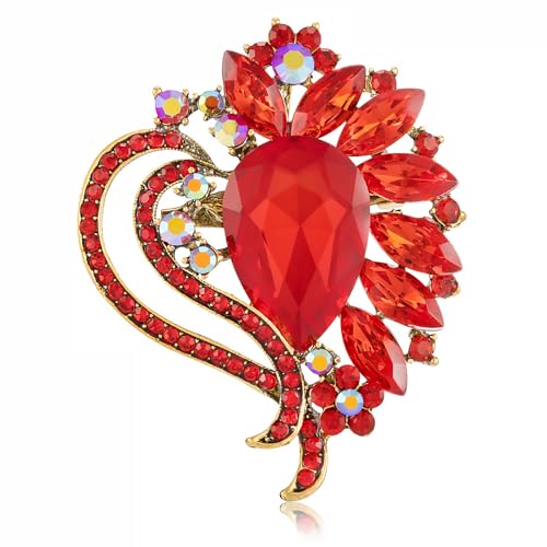 LAXPICOL Vintage Austrian Crystal Elegant Heart Flower Brooch Pin For Women Wedding Broach Pin - color: red