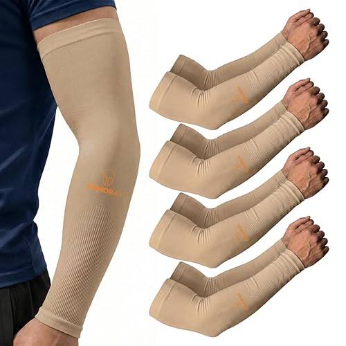 ARMORAY Arm Sleeves for Men and Women - UV Sun Protection Cooling Compression - Tattoo Cover Up Sleeve for Daily Wear & Work - color: Beige ( 4 Pairs)
