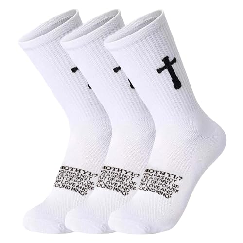 3 Pairs Christian socks Prayer socks Birthday Gifts for Dad,Men Husband Grandp Fathers Day Christmas - color: 2 Timothy 1:7 - White
