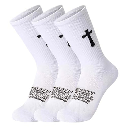 3 Pairs Christian socks Prayer socks Birthday Gifts for Dad,Men Husband Grandp Fathers Day Christmas - color: 2 Timothy 1:7 - White