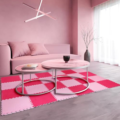 Ceenna 60 Pieces Plush Puzzle Foam Floor Mat Square Interlocking Carpet Tiles with Fluffy Play Mat Floor Tiles Soft Climbing Area Rugs for Living Room Floor Gym Area(Pink, Rose Red)