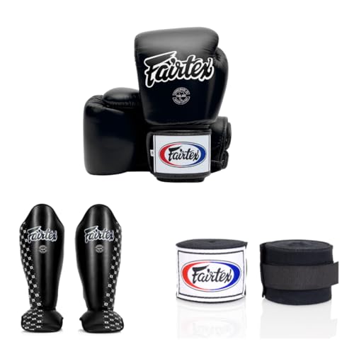 Fairtex Muay Thai Glove & Handwrap + Shin Guards - Black, Medium Size