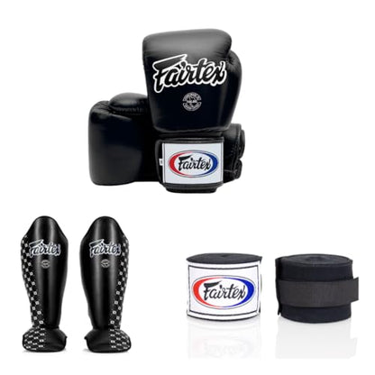Fairtex Muay Thai Glove & Handwrap + Shin Guards - Black, Medium Size