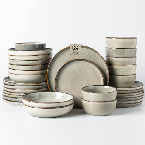 GBHOME Dinnerware Sets for 6, 24 Pieces Ceramic Plates and Bowls Set - color: Green Wheat, size: Service for 6(24Pcs)