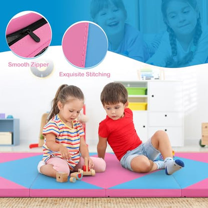 Giantex 4'x8' Gymnastics Mat, 2" Thick Folding Tumbling Mat with Carrying Handles, Foldable Gym Mat with Hook and Loop Fastener, Cheer Mats for Kids Adults Home Exercise Aerobics Fitness - color: Rose/Blue