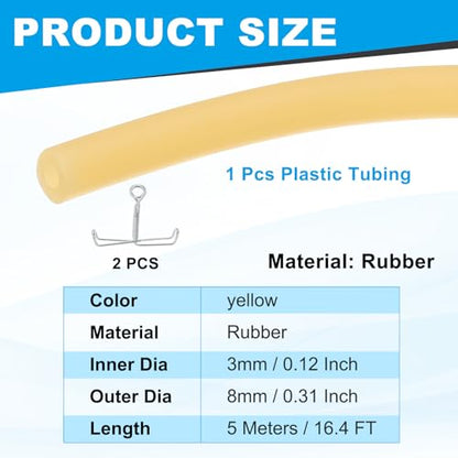 PATIKIL Rubber Tubing, 3mmx8mmx5m Tubing Tube with Hose Clamps, Soft Hose Line Pipe for Multipurpose Industrial Aquarium, Yellow - size: 3mmx8mmx5m