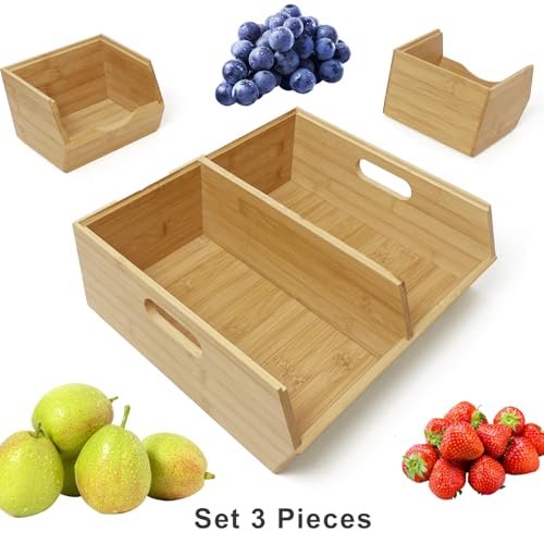 MinBoo Bamboo Stackable Pantry Storage Bins Potato and Onion Storage,Fruit Basket for Pantry Organization,Fruit Bowl for Kitchen Counter,Fruit and Vegetable Storage (Bamboo)