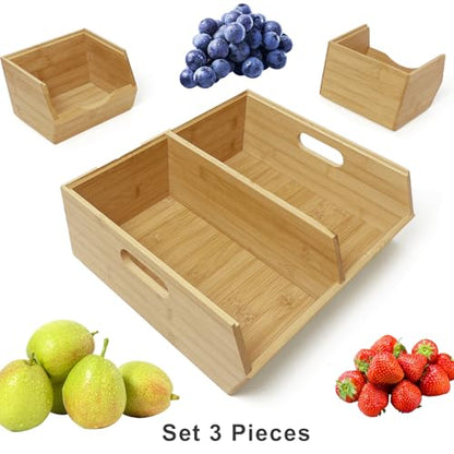 MinBoo Bamboo Stackable Pantry Storage Bins Potato and Onion Storage,Fruit Basket for Pantry Organization,Fruit Bowl for Kitchen Counter,Fruit and Vegetable Storage (Bamboo)