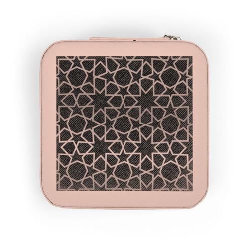 3dRose Silver Stars Outline Geometric Intricate Islamic Art Pattern on Black - filigree laser cut effect Jewelry Travel Case Pink