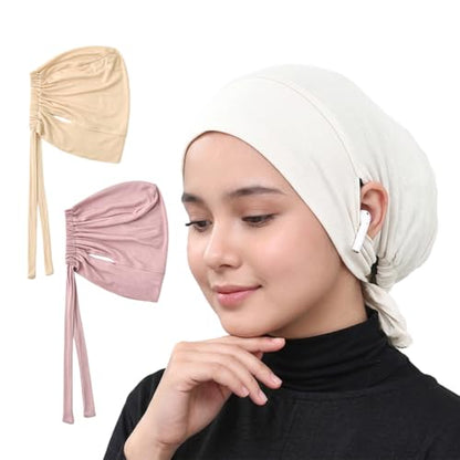 Jersey Hijab Undercap with Earhole, Slouchy Stretch Beanie Inner Caps, Breathable Under Scarf Liner Cap (1PC/3PC) - color: White+pink+beige