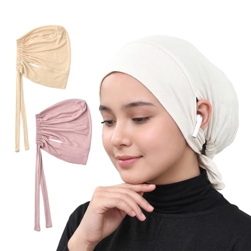 Jersey Hijab Undercap with Earhole, Slouchy Stretch Beanie Inner Caps, Breathable Under Scarf Liner Cap (1PC/3PC) - color: White+pink+beige