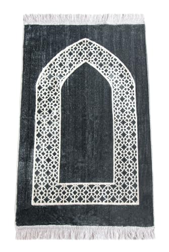 ihvan online Luxury Velvet Muslim Prayer Rug, Janamaz, Thick Soft Sajadah, Portable Travel Prayer Carpet Mat, Islamic Gift for Eid, Ramadan, Hajj & Umrah, Grey - color: Grey