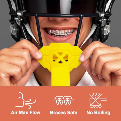 SLEEFS X Yellow Football Mouth Guard - Lip/Mouthguard with Helmet Strap - Lip/Teeth Protector Mouthpiece - Moldable - for Youth/Adults, Men & Women Mouth Guard, Maximum Air Flow, Lacrosse, All Sports - color: Yellow