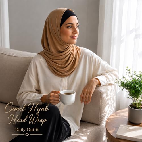 Hijab Scarf for Women, 3PCS Set with Undercap and Hijab Clip Lightweight Modal Muslim Head Wrap Scarf for Daily - color: Sy19-camel Hijab+black Undercap