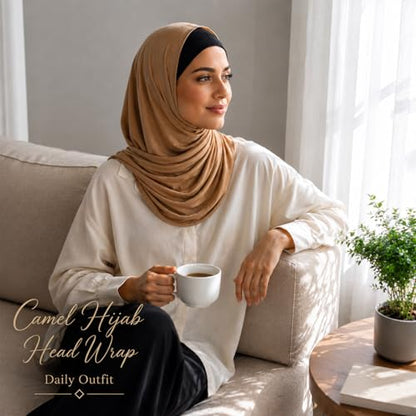Hijab Scarf for Women, 3PCS Set with Undercap and Hijab Clip Lightweight Modal Muslim Head Wrap Scarf for Daily - color: Sy19-camel Hijab+black Undercap