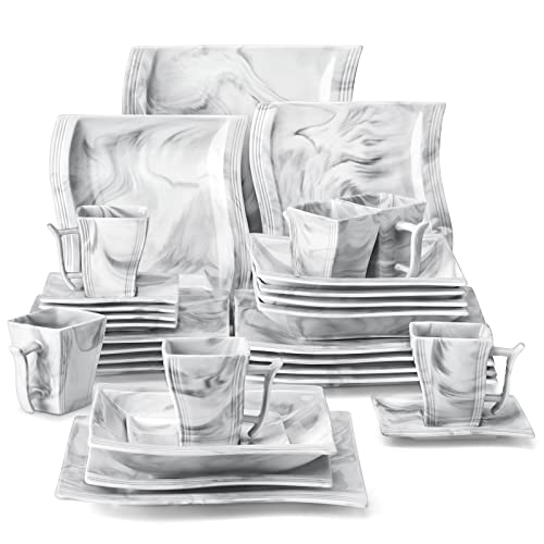 MALACASA Plates and Bowls Sets, 30 Piece Porcelain Dinnerware Sets for 6, Square Dinnerware Set with Dinner Plate, Dessert Plate, Soup Plate, Cup and Saucer, Modern Dish Set, Marble Grey, Series Flora - color: Marble Grey, size: 30 Piece(Service for 6)