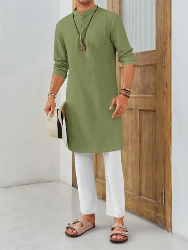 Gafeng Mens Kaftan Robe Button Down Long Sleeve Henley Cotton Thobe Casual Side Split Gown Shirt - color: Army Green, size: X-Large