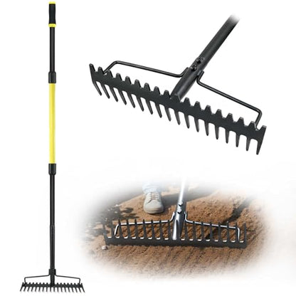 Bow Rake Heavy Duty, Long Handle Metal Rakes for Gravel, Rocks, Lawns Leaves, Soil Leveling, Landscaping, Garden Rake with 18 Steel Tines (59 Inches)