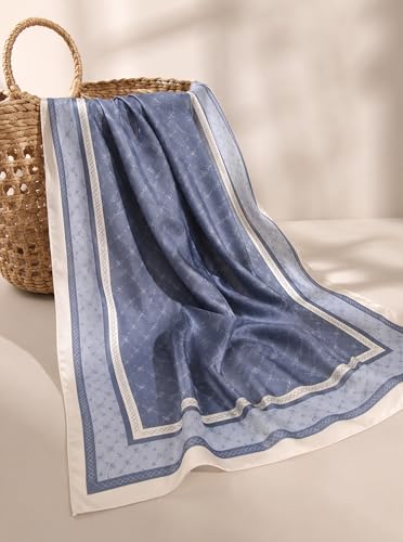 Satin Hijab Scarf for Women, Silk-Feeling Muslim Headscarf, Digital Bow Letter Print Head Wrap Shawl for Summer - color: Haze Blue