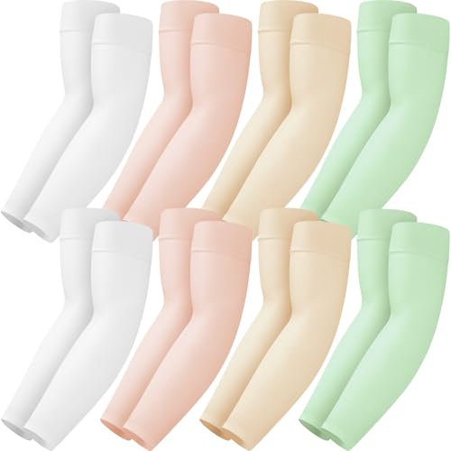 Mochabao 8 Pairs Soft Arm Sleeves, UV Sun Protection Cooling Compression Arm Covers for Outdoor Work, Sports, Men & Women - color: 2 White + 2 Pink + 2 Nude + 2 Light Green