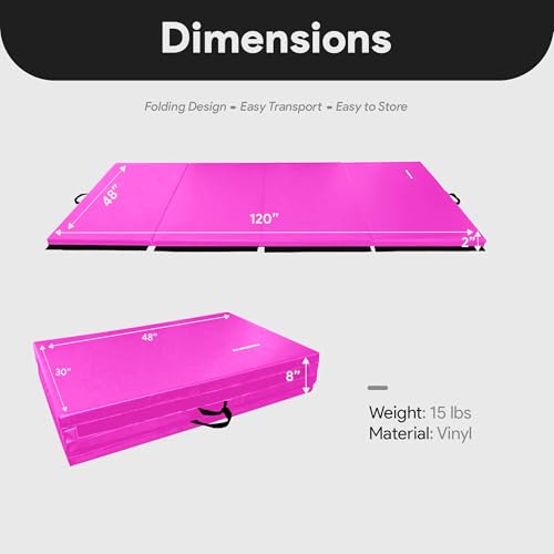 BalanceFrom 10x4 Feet 4-Panel Folding Gymnastics Mat – 2-Inch Thick Pad with Vinyl Surface and Carrying Handles for Tumbling, Yoga, Pilates, Home Workouts, and Martial Arts - color: Pink