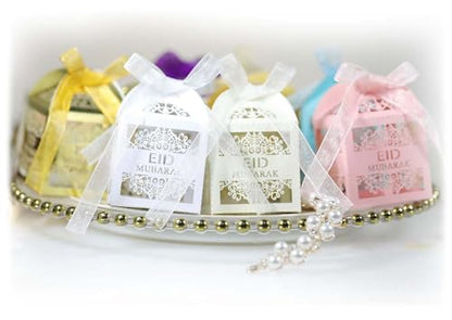Steedna 50 Pack Square Chocolate Gift Box Hollow Out EID Wedding Party Favors Laser Cut Candy Boxes MUBARAK Party Favors Chocolate Box Ideal for Weddings, Birthdays & Anniversaries (White) - color: White