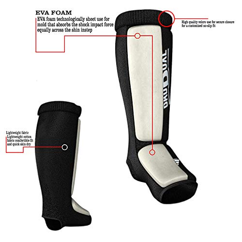 Twister Muay Thai Boxing Kickboxing Karate Shin Guard Taekwondo MMA | Elastic Cotton Cloth Shin & Instep Padded Guards | Shin in Steps Shin Guards Pair - color: Red/White, size: Small-Medium