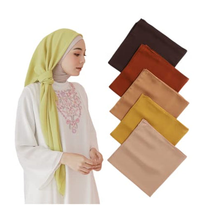 43 Inch Large Chiffon Square Hijab Hair Scarf for Muslim Shawls Headscarf for Women Bandana Turban Wrap Scarves - color: Coffee + Dark Red + Camel + Yellow + Khaki