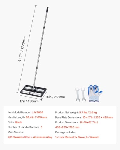VEVOR Updated Lawn Leveling Rake with Roller, 17" x 10" Stainless Steel Lawn Leveler with 63.4" Adjustable Handle, Heavy Duty Yard Leveling Rake, Effort Saving Lawn Leveling Tool for Yard Golf Court - size: 10x17x70in (with Roller)