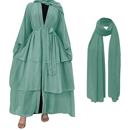 Muslim Chiffon Abaya for Women Open Front Cardigan Modest Dress with Hijab Scarf Middle East Arabian Robe Islamic Long Dress - color: Mint Green, size: Large