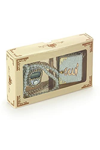 İhvan Online Mini Velvet Quran Set with Islamic Finger Counter, Portable Digital Tasbeeh, Muslim Prayer Beads, Pearl Zikirmatic Beads, 3 Pieces Gift Set for Mevlüt (Cream) - color: Cream