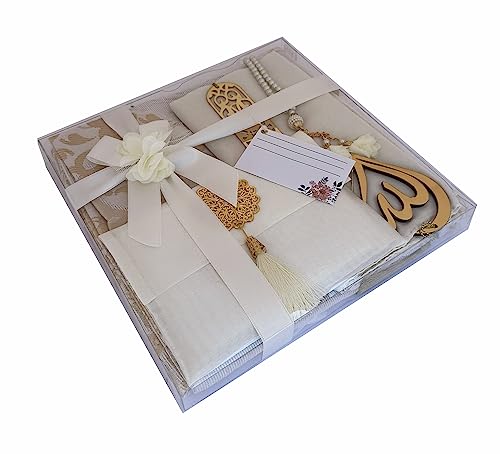 SAIKA Muslim Prayer Rug, 7 in One Gift Set, Prayer Mat Surah Book, Tasbeeh, Scarf, Surah Case, Bookmark, Car Mirror Hanger, Prayer Beads,Islamic Gift for Umrah, Hajj, Wedding, Janamaz (Cream) - color: Cream