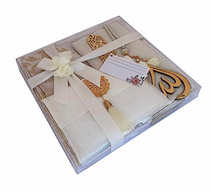 SAIKA Muslim Prayer Rug, 7 in One Gift Set, Prayer Mat Surah Book, Tasbeeh, Scarf, Surah Case, Bookmark, Car Mirror Hanger, Prayer Beads,Islamic Gift for Umrah, Hajj, Wedding, Janamaz (Cream) - color: Cream