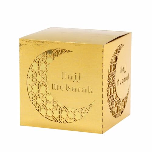 50 Pieces Eid Mubarak Boxes, Ramadan Goodie Gable Boxes, Reflective Paper Crescent Design Gift Boxes for Middle Eastern Festival Celebrations and Treats