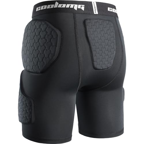 COOLOMG Youth Football Girdle 5 Pad Football Compression Shorts with Cup Pocket Integrated Hip Tailbone Thigh Pads - color: Black, size: Medium