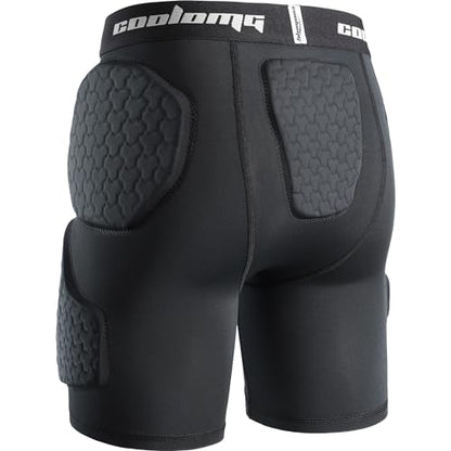 COOLOMG Youth Football Girdle 5 Pad Football Compression Shorts with Cup Pocket Integrated Hip Tailbone Thigh Pads - color: Black, size: X-Small