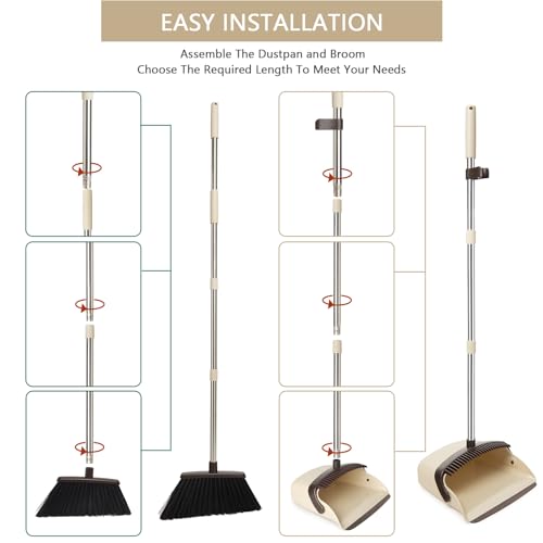 Broom and Dustpan Combo Set,55" Long Handle,Beige | Heavy Dust,Dustpans with Broom Combo,House Accessories for Home, Kitchen,Office,Classroom,Apartment,Pet Hair - color: Beige