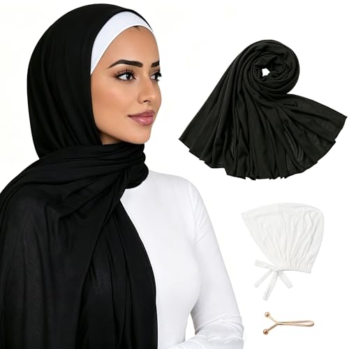 Hijab Scarf for Women, 3PCS Set with Undercap and Hijab Clip Lightweight Modal Muslim Head Wrap Scarf for Daily - color: Sy2-black Hijab+white Undercap