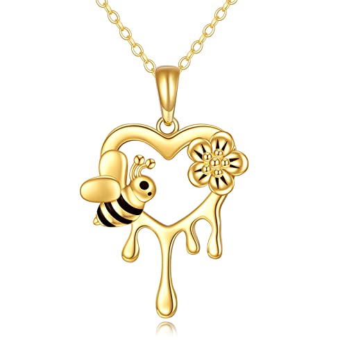 KECHO Gold Bee Necklace Gifts for Mom Women 14k Yellow Gold Honeycomb Honey Bee Pendant Necklaces Love Heart Jewelry Gifts for Women Her Wife - style: bee01