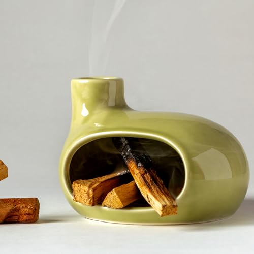 MOUGIGI Palo Santo Holder Burner - Modern Chiminea Incense Dish for Palo Santo Sticks and Cones - Ceramic Meditation Gift with Natural Polished Surface - Perfect for Yoga, Aromatherapy - color: Glazed Ceramics - Emerald Green