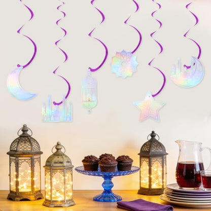 6 Pcs Iridescent Eid Mubarak Hanging Swirls, Sparkling Metallic Ceiling Streamers Garland with Crescent Moon Star Castle Lantern Pattern for Islamic Muslim Ramadan Eid al-Adha Party Decoration