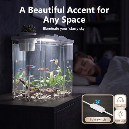 2 Gallon Betta Fish Tank Aquarium Starter Kit with Light and Lid(White) | Premium Acrylic Aquarium with Light and Lid, Crystal Clear Starter Kit for Betta Fish, Shrimp, Snails and Small Fish - color: White, size: 2 Gallon